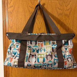 Thirty One Owl Print Canvas Tote Bag in Teal and Brown
